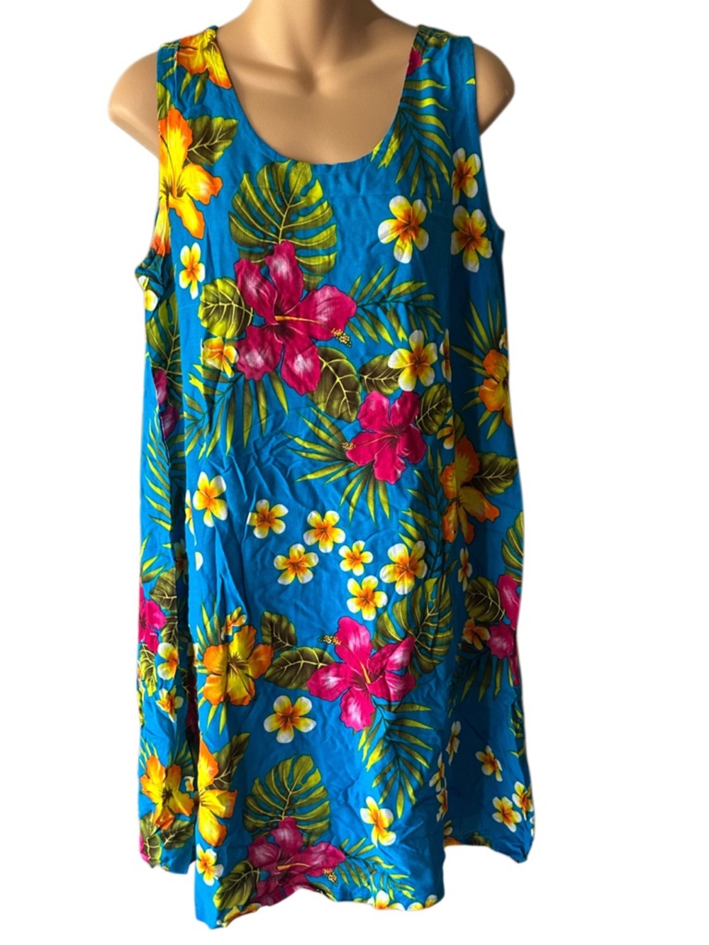 Aloha Fashion Hibiscus Floral Print on Blue Tank Top Dress